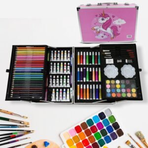 17980âProfessional Art Set-Drawing Painting Sketching Coloring Kids Set All In 1 Art Case Perfect For Kids With Unicorn Design Case, Shading Crayons Oil Pastels Color Set Watercolor Cakes Paint Brush Sharpener Eraser (145 Pcs Set)