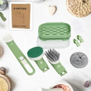 Dish Brush Set With Handle, Replacement Heads, Drain Tray In Kitchen (9 Pcs Set)