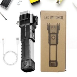 Portable 3w Rechargeable Torch Led Flashlight Long Distance Beam Range, Hammer And Strong Magnets, Window Glass And Seat Belt Cutter 4 Modes For Car Camping Hiking Indoor Outdoor