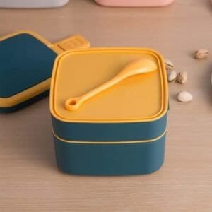 Blue Double-Layer Portable Lunch Box Stackable With Carrying Handle And Spoon Lunch Box , Bento Lunch Box