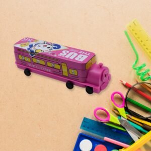 Double Decker Magic Bus Compass 2 Layer Metal Bus Compass Case With Movable Wheels & Sharpener Bus Shape With Tiers Metal Box For Kids Birthday Party