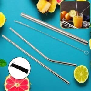 Reusable Stainless Steel Straws With Travel Case Cleaning Brush Eco Friendly Extra Long Metal Straws Drinking Set Of 4 (2 Straight Straws, 1 Bent Straws, 1 Brush)
