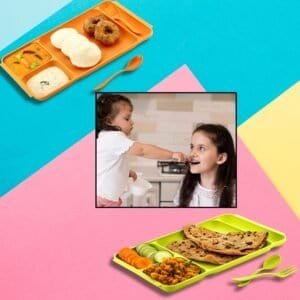4compartment Dish With Spoon And Fork(1 Dish Set With 1spoon And 1fork) Dinner Plate Plastic Compartment Plate Pav Bhaji Plate 4-Compartments Divided Plastic Food Plate.